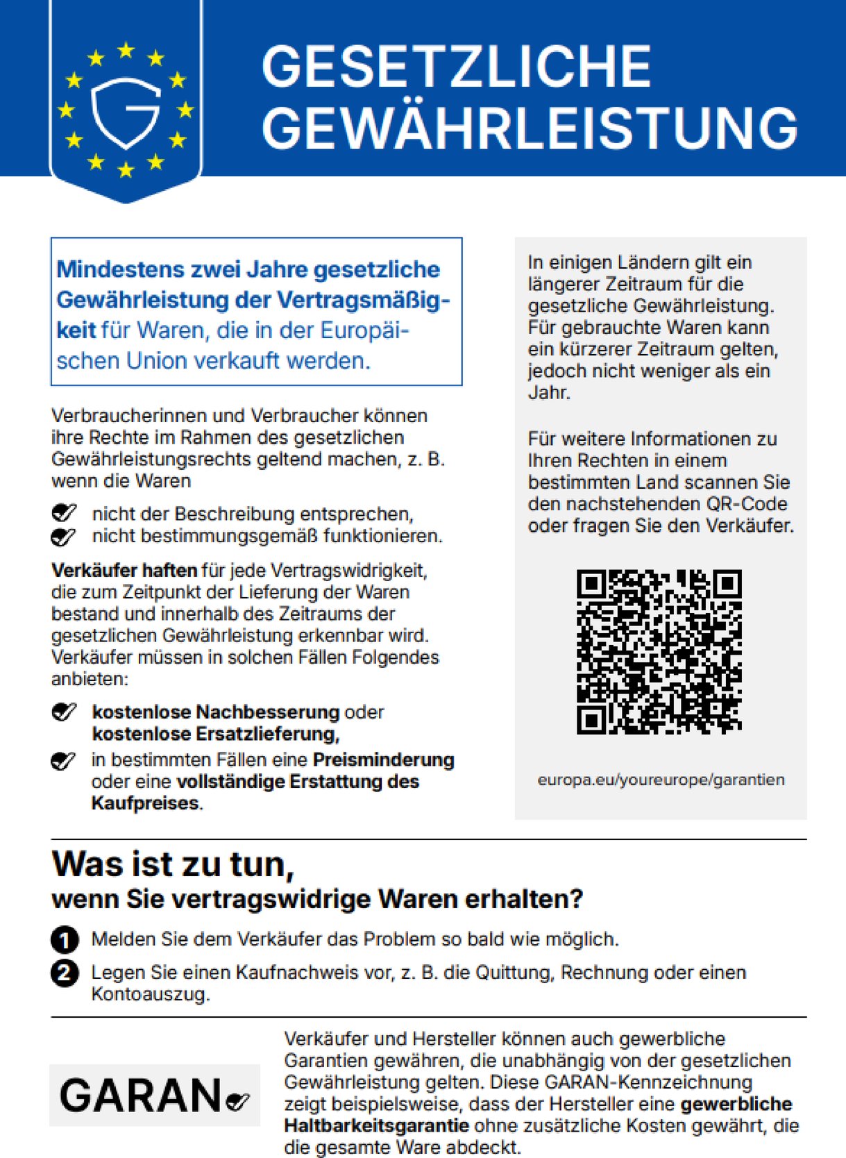 Gesetzliche Gewährleistung – EU-Verbraucherinformation